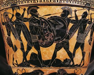 Græsk civilisation, keramik med sorte figurer, Krater, der skildrer kampen om liget af Patroclus, Fra Farsala, Grækenland