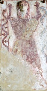 Polykrom maleri på pinax og relief, der viser feminin guddom med slange fra Agora