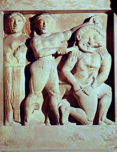 Relief forestillende Perseus, der hjælper Athene med at dræbe gorgonen, metop fra Selinunte-templet, Sicilien (sten)