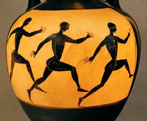 Tre deltagere i et fodløb ved de panathenæiske lege, 6. århundrede f.Kr (keramik) af Greek School