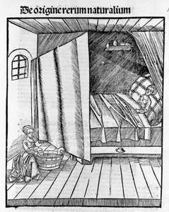 En jordemoder renser den nyfødte baby, mens moderen hviler. Gravering - i "" Margarita Philosophica"" af Gregor Reisch (1467-1525), Basel af Gregor Reisch