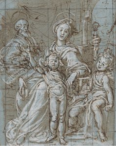 Hellig familie med spædbarnet Sankt Johannes Døberen recto, beskårne skitser i stor skala..., 1590-92.