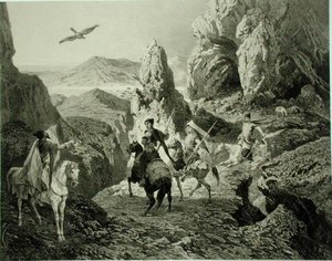 En falkejagt nær Jerevan, Armenien, plade 20 fra en bog om Kaukasus, indgraveret af Eugene Ciceri (1813-90) og Adolphe Jean-Baptiste Bayot (1810-66), udgivet af Alfred Leon Lemercier, Paris