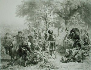 Druehøst i Kakhetie, Georgia, plade 30 fra en bog om Kaukasus, indgraveret af Eugene Le Roux (1807-63) udgivet af Alfred Leon Lemercier, Paris