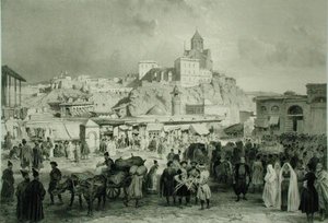 Bazaren på Maidan Square, Tiflis, Georgia, plade 25 fra en bog om Kaukasus, indgraveret af Adolphe Jean-Baptiste Bayot (1810-66) og Eugene Ciceri (1813-90), udgivet af Alfred Leon Lemercier, Paris
