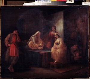 På værelset. Orientalistisk scene med Shamakha-dansere i Aserbajdsjan samlet i et harem. Maleri af Grigori Grigorievich Gagarin (1810-1893), olie på lærred, russisk kunst fra det 19. århundrede. Statens georgiske kunstmuseum, Tbilisi (Georg af Grigori Grigorevich Gagarin