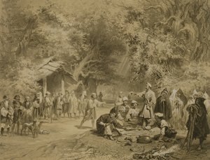 End of the Hunt, Mingrelia, plade 6 fra en bog om Kaukasus, indgraveret af Adolphe Mouilleron (1820-81) udgivet af Alfred Leon Lemercier, Paris, 1847 af Grigori Grigorevich Gagarin