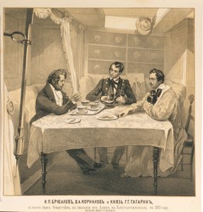 Karl Bryullov, Vladimir Kornilov og grev Grigori Gagarin ombord på briggen Themistokles, 1835 af Grigori Grigorevich Gagarin