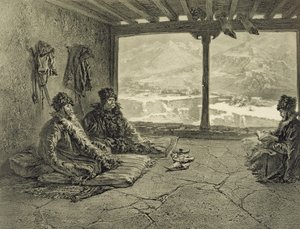 Sharia-forelæsning i Khosrakh, Dagestan, plade 50 fra en bog om Kaukasus, indgraveret af Adolphe Mouilleron (1820-81) udgivet af Alfred Leon Lemercier, Paris, 1847 af Grigori Grigorevich Gagarin