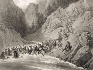 Tcherkersseians on a Raid nær Sortehavet, plade 4, fra en bog om Kaukasus, indgraveret af Eugene Ciceri (1813-90) og Adolphe Jean-Baptiste Bayot (1810-66), udgivet af Alfred Leon Lemercier, P af Grigori Grigorevich Gagarin