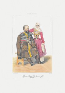 Terek Cossack with Daughter Fra: Scener, paysages, meurs et costumes du Caucase, 1840 af Grigori Grigorevich Gagarin