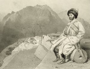 Udsigt over Ghimri og portræt af Hadji-Mourad, plade 66 fra en bog om Kaukasus, indgraveret af Jules Joseph Augustin Laurens (1825-1901) og Eugene Ciceri (1813-90) af Adolphe Mouilleron (1820-81), pu