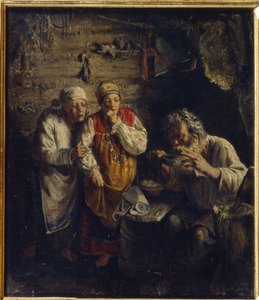 Healeren (Heksedoktor). I en fattig hytte på landet ser to barfodede kvinder klædt i folkloristiske kjoler bekymret på en gammel mand, der drikker et urtemiddel, ved siden af ​​ham en støder til at tilberede medicinske blandinger.