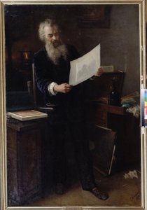 ""Det første indtryk"" (Det første indtryk). Portræt af kunstneren Ivan Ivanovich Shishkin (Ivan Ivanovich Shishkin) (1832-1898) og ser på et af sine værker, han netop har lavet. Maleri af Grigori (Grigoriy, Grigory) Grigoryevich Myasoyedov ( af Grigori Grigoryevich Myasoedov