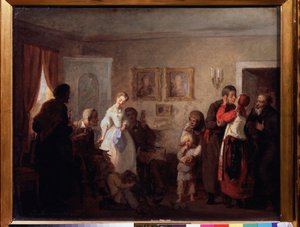 Tillykke til et nygift par i et palæ. (Tillykke til det nygifte par i en herregård). Maleri af Grigori (Grigoriy, Grigory) Grigoryevich Myasoyedov (Myasoedov, Miasoedov) (1834-1911), olie på lærred af Grigori Grigoryevich Myasoedov