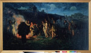 Pløje Rite. Scene med bondeliv, slavisk folkloristisk fest, om natten, omkring et stort bål, bønder udstyret med deres landbrugsredskaber og lanterner, i procession, bringer en ung nøgen pige, i håb