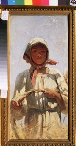 En mejer. Portræt af en ung bondekvinde i traditionel dragt, i en hvedemark midt om sommeren til høsten. Maleri af Grigori (Grigoriy, Grigory) Grigoryevich Myasoyedov (Myasoedov, Miasoedov) (1834-1911), olie på lærred. art ru