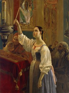 En pige placerede et stearinlys foran ikonet, 1842 af Grigori Karpovich Mikhaylov