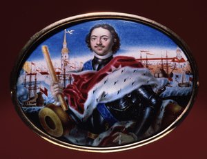 Portræt af kejser Peter I den Store (1672-1725), med udsigt over Sankt Peter og Sankt Pauls fæstning i Sankt Petersborg. (Portræt af kejser Peter I med udsigt over Peter og Paul fæstningen i Skt. Petersborg). Kunstværk af Grigori Semyonovich Mu af Grigori Semyonovich Musiklysky