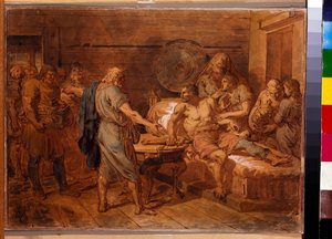 Kuzma Minins (død 1616) appel til prins Dmitri Pozharsky (1577-1642) - Værk af Grigori Ivanovich Ugryumov (Ugrioumov) (1764-1823), akvarel og hvidt på papir, ca. 1800 (31,6x42 cm) - (Kuzma Mini) prinsen Dmitrij Pozharsky, Wat af Grigoriy Ivanovich Ugryumov