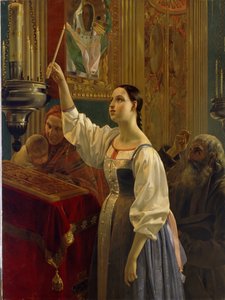 Ung pige placerer et stearinlys foran et ikon. (Pige placerer et stearinlys før ikonet). I en ortodoks kirke, skærtorsdag i påskeugen. Maleri af Grigori Karpovich Mikhaylov (Mikhailov) (1814-1867), olie på lærred af Grigory Mikhailov