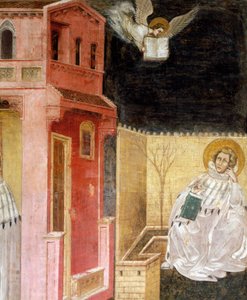 Englens tilsynekomst, detalje fra Vision of St Augustine, scene fra Stories of St Philip and St Augustine, af Guariento (aktiv siden 1338, død ca. 1367), fresco, Eremitani-kirken (Hermitterne), Padua, Veneto. Italien