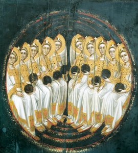 Siddende engle med kugler i hænderne, af Guariento (aktiv 1338-1367 eller 1370), tempera på panel