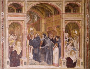 Augustins klæder og dåb, scene fra Stories of St Philip and St Augustine, af Guariento (aktiv siden 1338, død ca. 1367), freskomaleri, Eremitani-kirken (Hermitterne), Padua, Veneto. Italien
