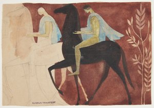 To ynglinge til hest. Udkast til rumudsmykning af Gudrun Traustedt