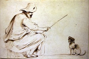 En siddende mand træner en hund (pen & brunt blæk og vask på papir) af Guercino