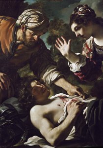 Herminie (Erminia) opdager Tancrede-viden (detaljer) af Guercino