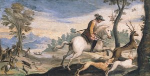 Jagt på hjorte og vildsvin, af Giovanni Francesco Barbieri, kendt som Guercino (1591-1666), fresco, 53x101 cm af Guercino