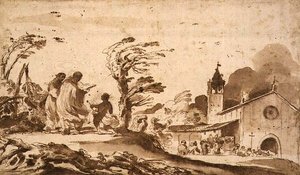 PD.1-1987 Landskab med et begravelsesoptog (blæk og vask) af Guercino
