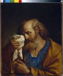 Sankt Peter Apostlen (Peter Apostlen). Portræt af Jesu discipel, der tørrer tårerne, der løber ned ad hans ansigt. Maleri af Giovanni Francesco Barbieri, kendt som Guercino (Le Guerchin) (1591-1666), olie på lærred