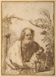 St. Joseph og Kristusbarnet griber en kvist af et æbletræ (pen og blæk på papir) af Guercino