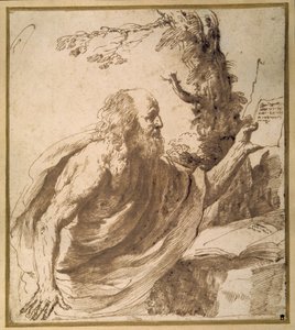 En helgen, der læser i ørkenen (pen og blæk på papir) af Guercino