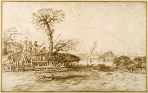 En flod i oversvømmelse, og bønder med økser og andre værktøjer (pen og blæk over kridt på papir) af Guercino