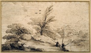 Landskab med to fiskere hvilende (pen og blæk på papir) af Guercino