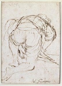 Mand knælende - Blyantstegning af Guercino