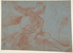 Siddende gammel mand med højre arm løftet (Tithonus) (recto) af Guercino