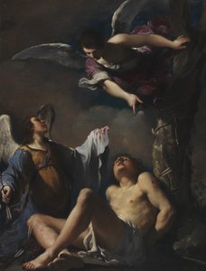 St. Sebastian støttet af to engle af Guercino
