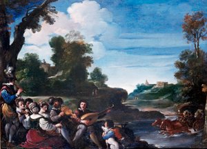 Sommerfornøjelser Landskab med koncert. Maleri af Giovanni Francesco Barbieri Guerchin dit Il Guercino (1591-1666) 1600-tallet søn. 0,35x0,47 m Firenze, Uffizi galleri af Guercino