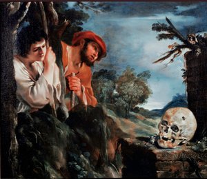 Hyrderne i Arcadia-mændene omkring en grav på den græske ø Peloponnes. Maleri (Vanita) af Giovanni Francesco Barbieri Guerchin ved Il Guercino (1591-1666) 1618 omkring Rom, Galleria Corsini af Guercino