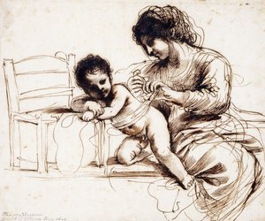 En mor og et barn ved en stol, af Guercino