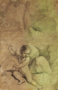 Amor tegner en pil fra et kogger i et landskab, af Guercino
