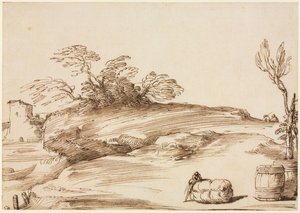 Landskab med en mand lænet op på en balle, ca. 1640. af Guercino