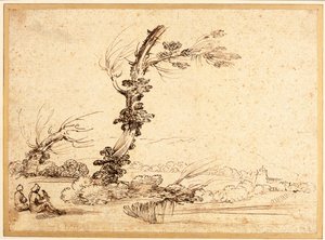 Landskab med falkoner ved et træ af Guercino