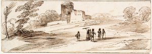 Landskab med borg og figurer af Guercino