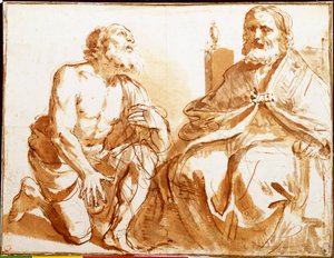 Siddende biskop og knælende helgen af Guercino