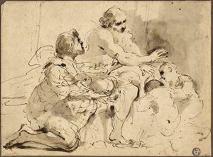 Studie for Jakob velsignelse af Josefs sønner (recto); Skitser: Sankt Christopher; To figurer i samtale om penge (verso) af Guercino